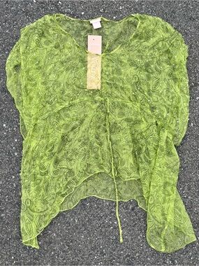 NWT Nolita Sheer Paisley Printed V-Neck Beaded Blouse - Lime Green Size Small